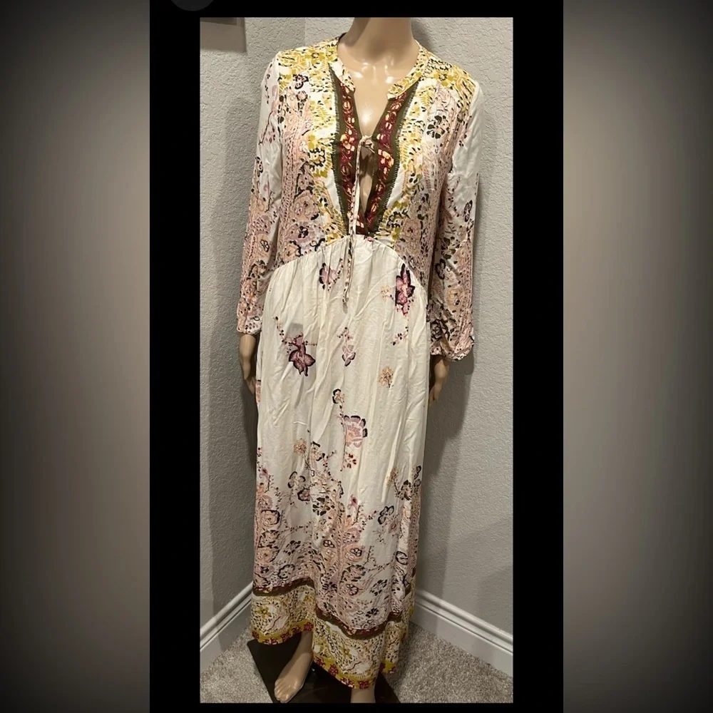 Free People Floral Bohemian Maxi Dress - Cream and Pink